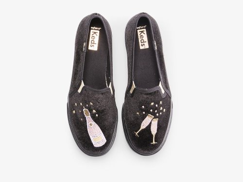 Keds Double Decker Velvet Cheers Slip On Sneakers Dames Zwart | BE-43304