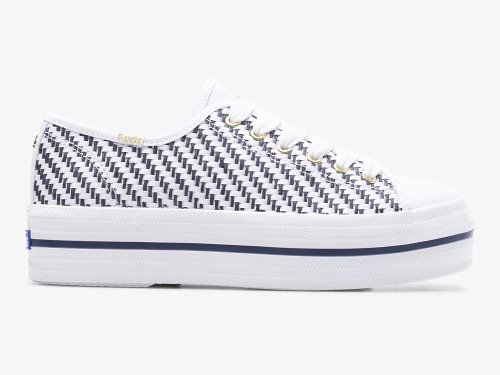 Keds Kate Spade New York Triple Up Woven Veterschoenen Dames Wit Donkerblauw | BE-27273