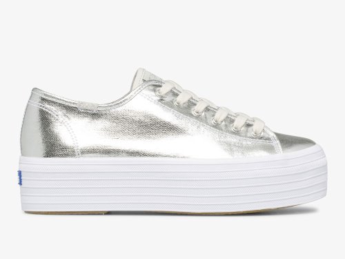 Keds Triple Up Metallic Twill Platform Schoenen Dames Zilver | BE-04462