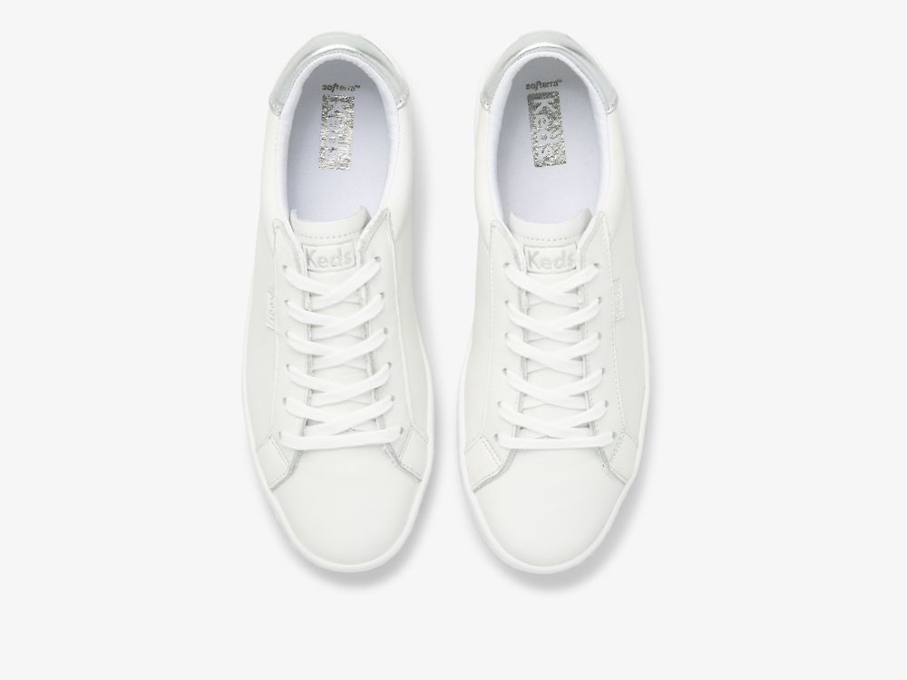 Keds Ace Leren Veterschoenen Dames Wit Zilver | BE-13242