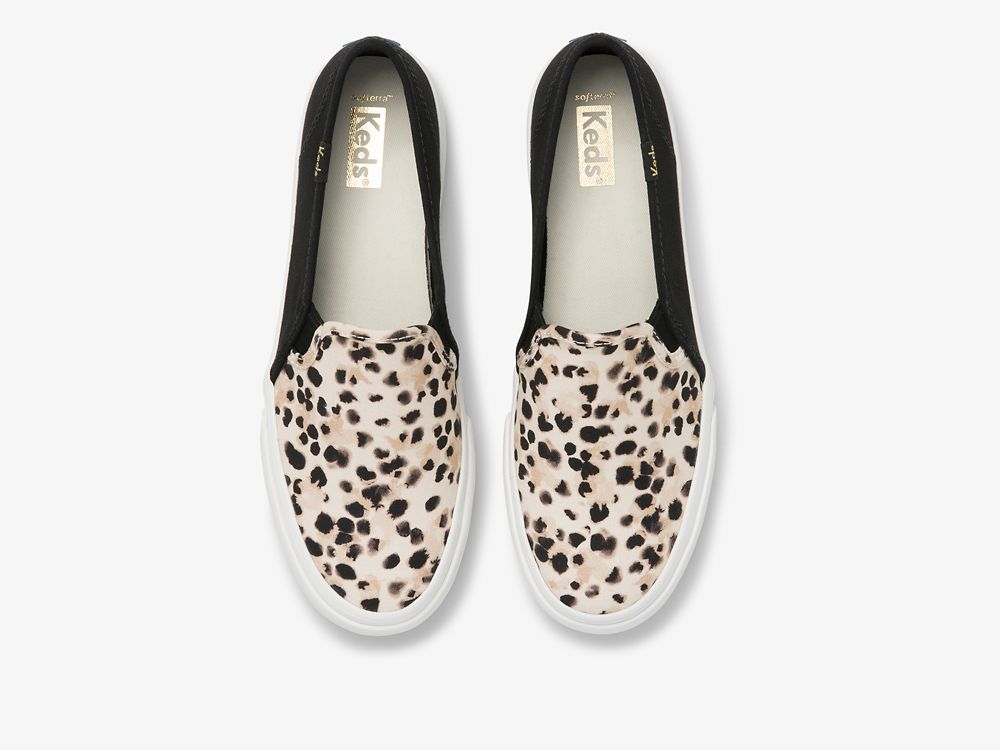 Keds Double Decker Leopard Canvas Slip On Sneakers Dames Zwart | BE-32980