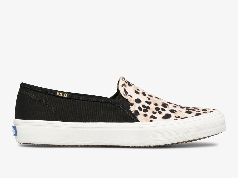 Keds Double Decker Leopard Canvas Slip On Sneakers Dames Zwart | BE-32980