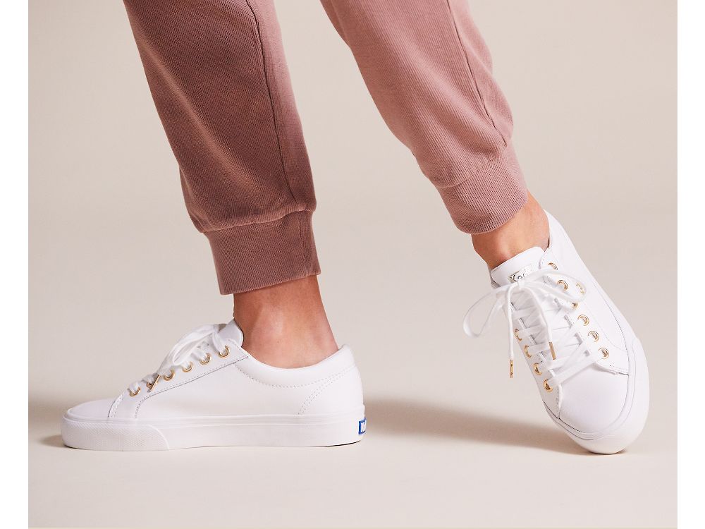 Keds Jump Kick Leren Veterschoenen Dames Wit Goud | BE-41108