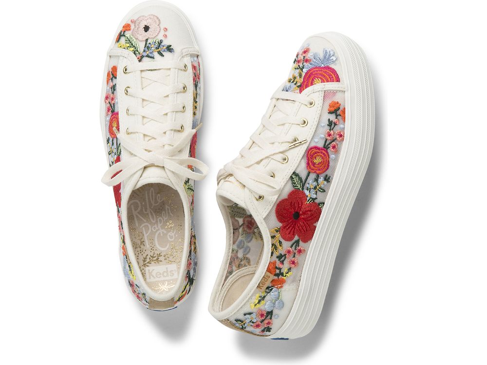 Keds Rifle Paper Co. Triple Kick Embroidered Mesh Platform Schoenen Dames Wit Gekleurd | BE-06218