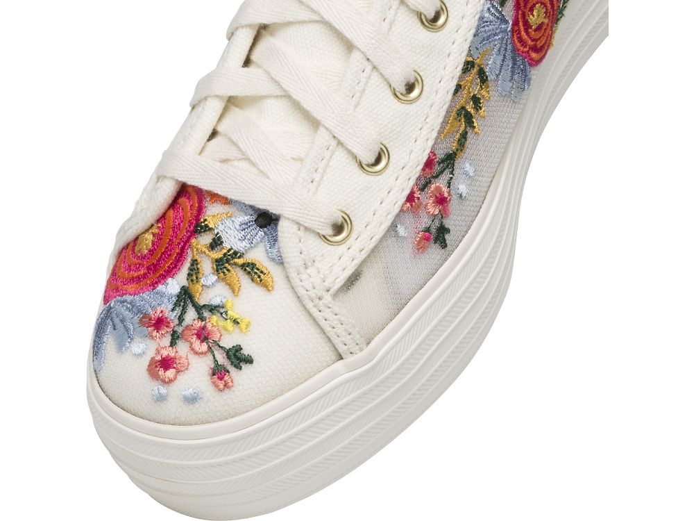 Keds Rifle Paper Co. Triple Kick Embroidered Mesh Platform Schoenen Dames Wit Gekleurd | BE-06218