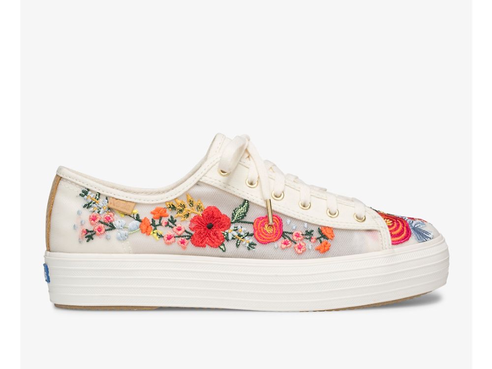 Keds Rifle Paper Co. Triple Kick Embroidered Mesh Platform Schoenen Dames Wit Gekleurd | BE-06218