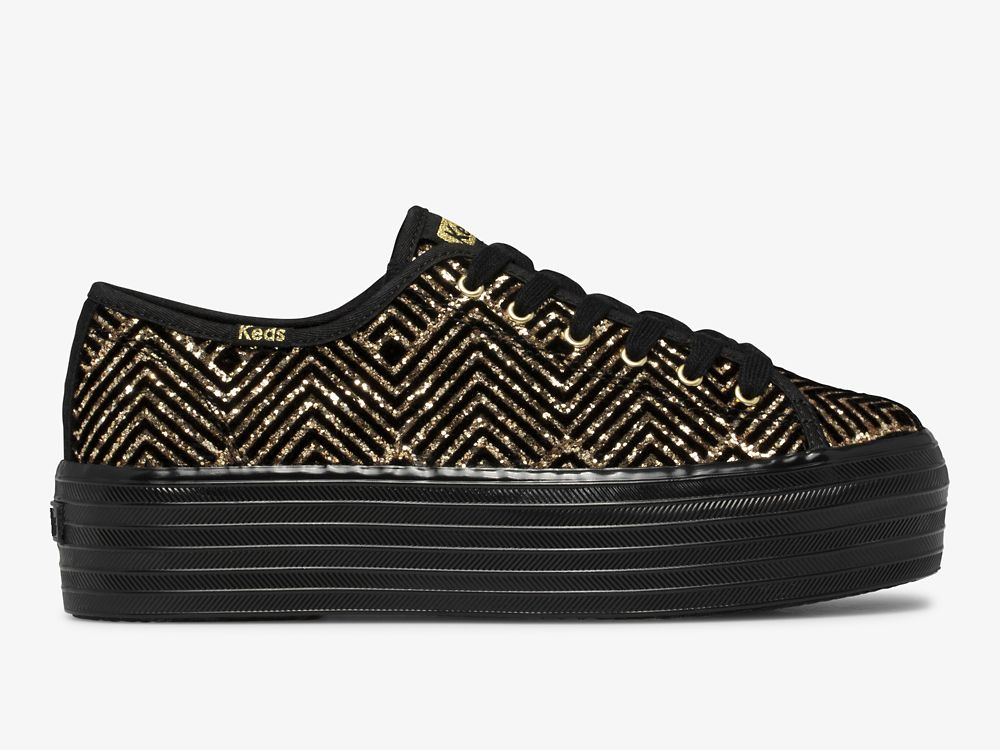 Keds Triple Up Dazzle Veterschoenen Dames Zwart Goud | BE-74787